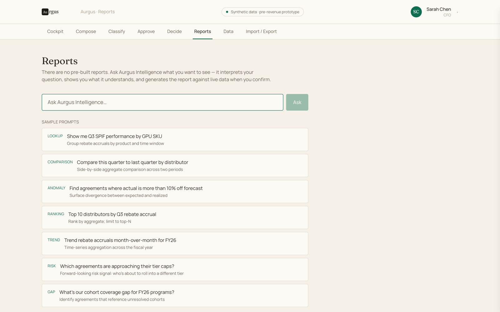 Reports surface — no pre-built dashboards, ask Aurgus Intelligence